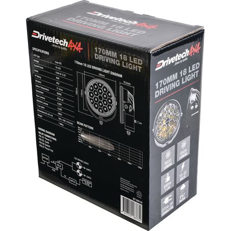 Drivetech 4X4 170 mm Round LED Driving Light, Black Powder Coated